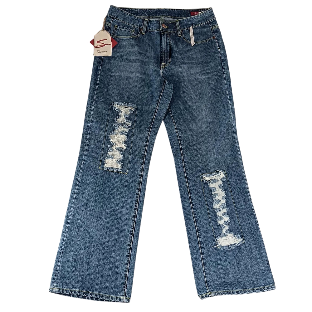 Seven7 Premium Wide Leg Jeans Womens Sz 14 Distressed Med Wash Boho Retro Hippie